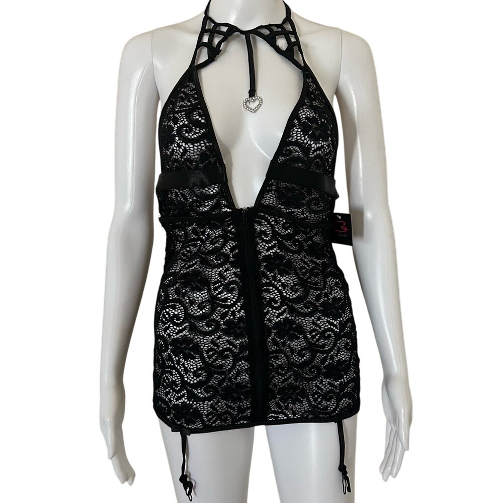 ⭐G World Intimates 3 Pieces Black Lace Halter Mini Dress OS